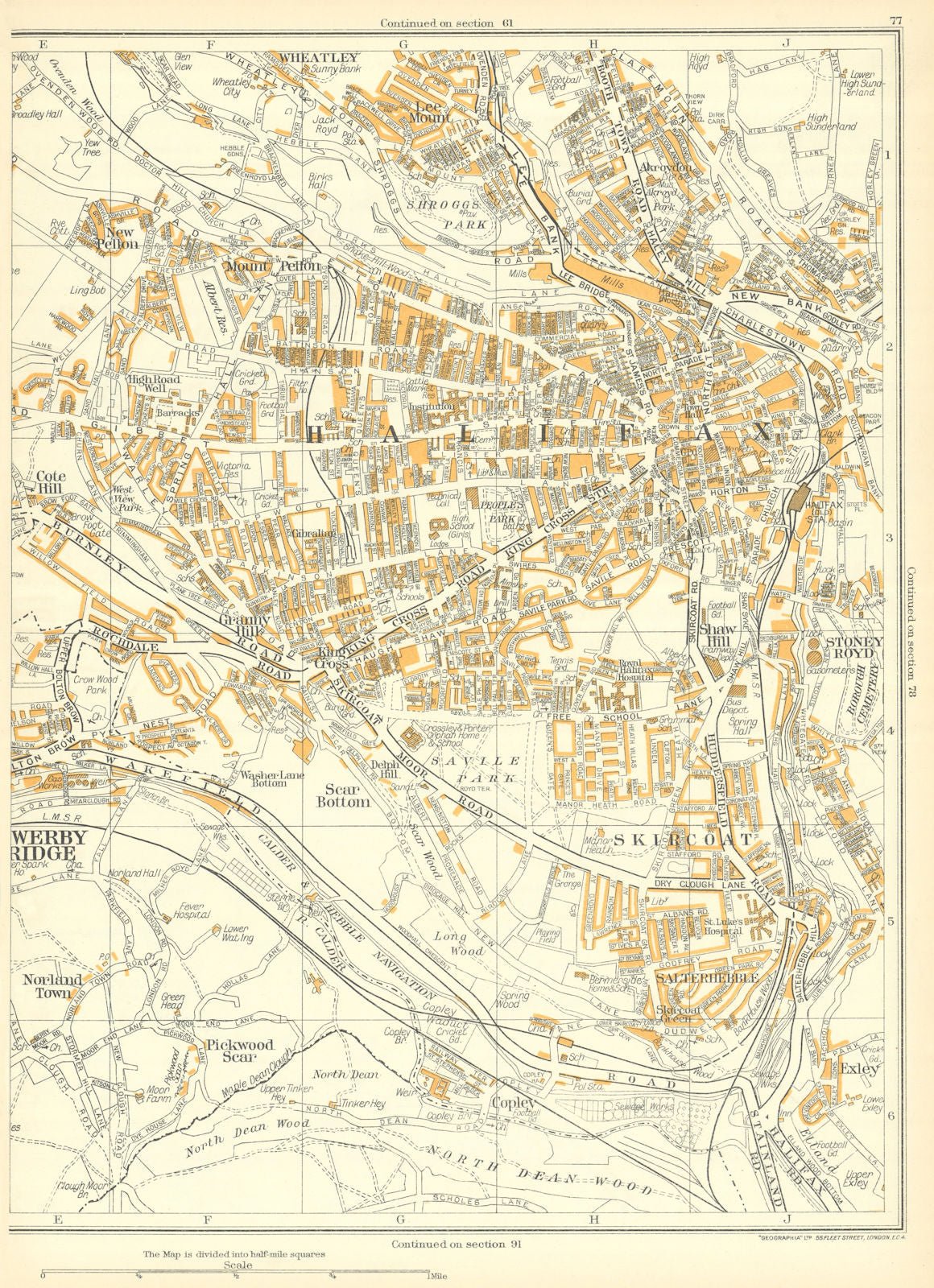 HALIFAX Sowerby Bridge Scar Bottom Skircoat Pickwood Norland town 1935 old map